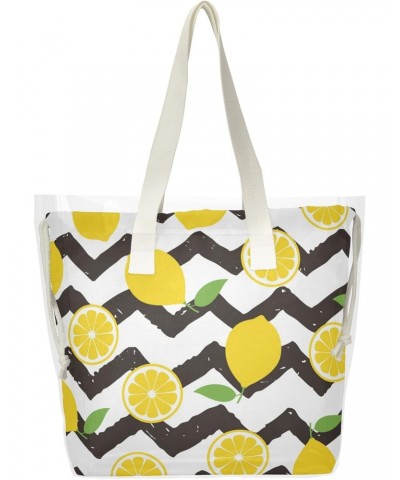 Yellow Lemon Stripes Beach Tote Bag, 2 in 1 Clear Shoulder Bag Handbag for Women $12.71 Totes