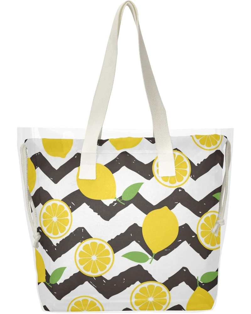 Yellow Lemon Stripes Beach Tote Bag, 2 in 1 Clear Shoulder Bag Handbag for Women $12.71 Totes