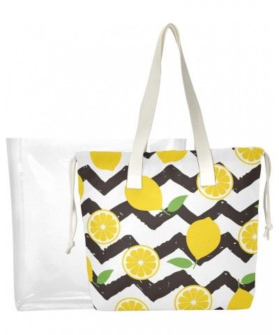 Yellow Lemon Stripes Beach Tote Bag, 2 in 1 Clear Shoulder Bag Handbag for Women $12.71 Totes