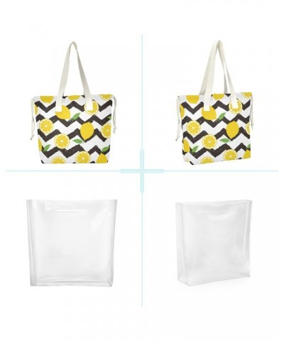 Yellow Lemon Stripes Beach Tote Bag, 2 in 1 Clear Shoulder Bag Handbag for Women $12.71 Totes