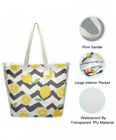 Yellow Lemon Stripes Beach Tote Bag, 2 in 1 Clear Shoulder Bag Handbag for Women $12.71 Totes