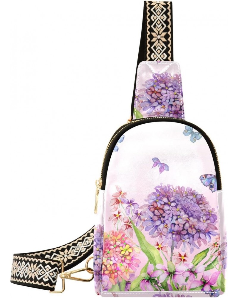 Small Crossbody Sling Bags for Women Purple Butterfly Floral Leather Crossbody Fanny Packs Purses Flowers Chest Bag Daypack C...