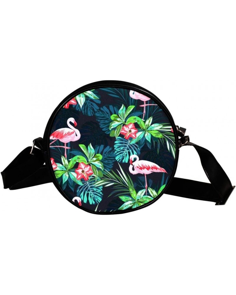 Tropical Flamingo Pattern Circle Shoulder Bags Cell Phone Pouch Crossbody Purse Round Wallet Clutch Bag For Women With Adjust...