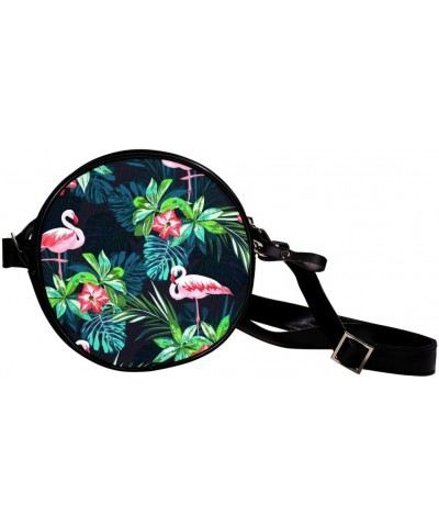 Tropical Flamingo Pattern Circle Shoulder Bags Cell Phone Pouch Crossbody Purse Round Wallet Clutch Bag For Women With Adjust...