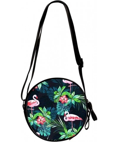 Tropical Flamingo Pattern Circle Shoulder Bags Cell Phone Pouch Crossbody Purse Round Wallet Clutch Bag For Women With Adjust...