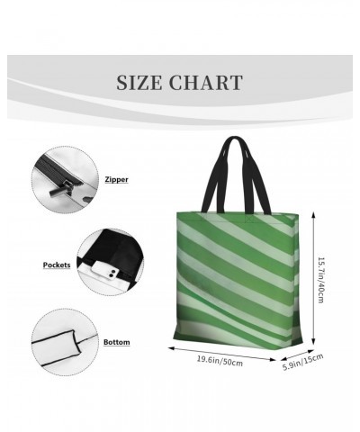 Classic Green Striped Tote Bag with Zipper for Women Inside Mesh Pocket Heavy Duty Casual Anti-water Cloth Shoulder Handbag O...