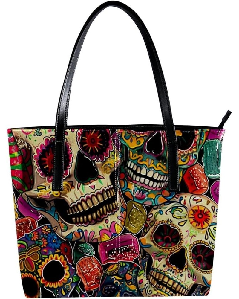 Tote Bag, Large Tote Bags for Women, Tote Bag with Zipper, Skull Flower Mexico Vintage Pattern, Womens Tote Bag Design 3118 $...