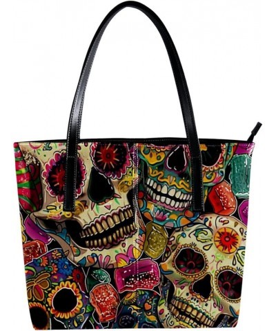 Tote Bag, Large Tote Bags for Women, Tote Bag with Zipper, Skull Flower Mexico Vintage Pattern, Womens Tote Bag Design 3118 $...