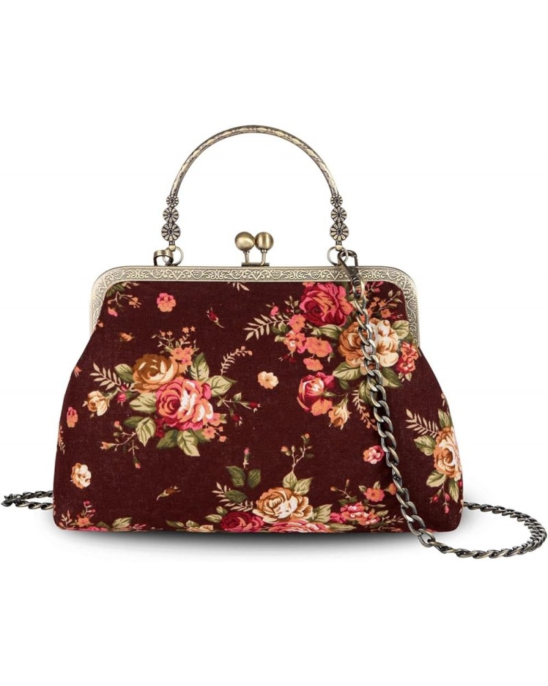 Floral Top Handle Handbag Chain Strap Women Kiss Lock Canvas Frame Shoulder Bag Coffee $23.39 Handbags