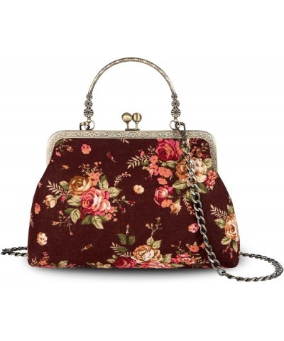 Floral Top Handle Handbag Chain Strap Women Kiss Lock Canvas Frame Shoulder Bag Coffee $23.39 Handbags