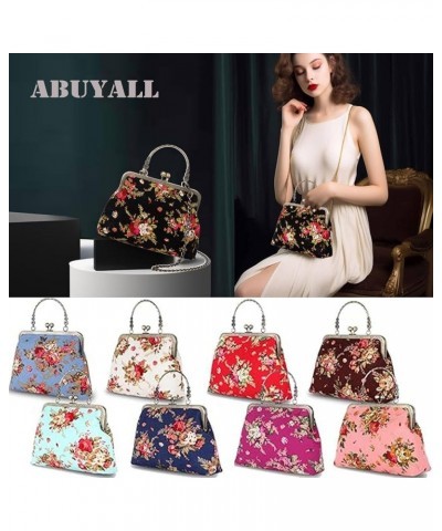 Floral Top Handle Handbag Chain Strap Women Kiss Lock Canvas Frame Shoulder Bag Coffee $23.39 Handbags