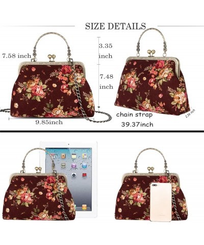 Floral Top Handle Handbag Chain Strap Women Kiss Lock Canvas Frame Shoulder Bag Coffee $23.39 Handbags