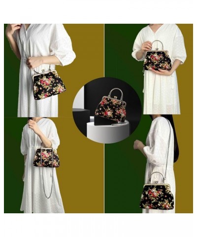 Floral Top Handle Handbag Chain Strap Women Kiss Lock Canvas Frame Shoulder Bag Coffee $23.39 Handbags