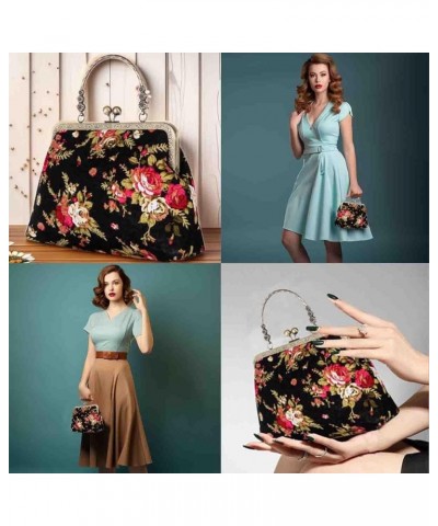 Floral Top Handle Handbag Chain Strap Women Kiss Lock Canvas Frame Shoulder Bag Coffee $23.39 Handbags