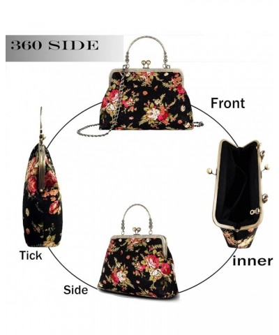 Floral Top Handle Handbag Chain Strap Women Kiss Lock Canvas Frame Shoulder Bag Coffee $23.39 Handbags