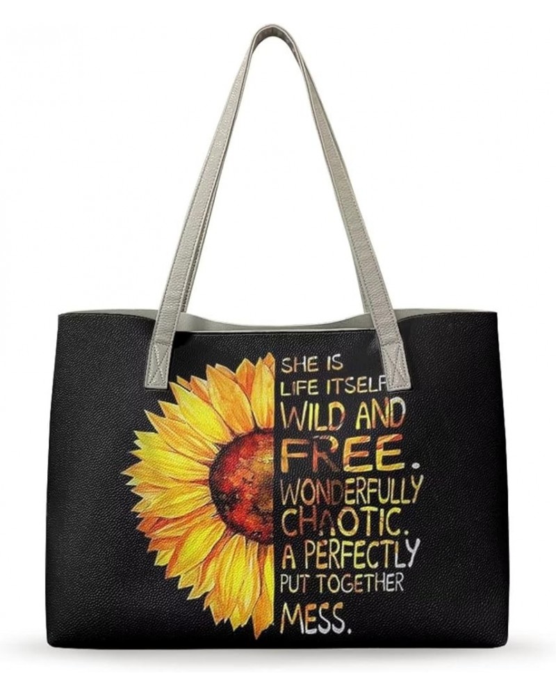 Women's Tote Handbags,Shoulder Bags for Women,Large Leather Purses for Women Sunflower Text $25.75 Hobo Bags