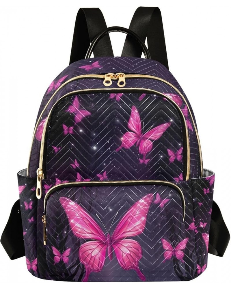 Pink Butterflies on the Black Casual Backpack, Lady Backpack, Women's Travel Backpack, S Starry Sky With Pink Butterflies-2 S...