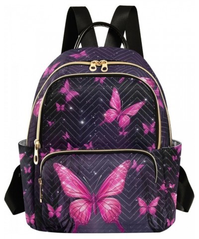 Pink Butterflies on the Black Casual Backpack, Lady Backpack, Women's Travel Backpack, S Starry Sky With Pink Butterflies-2 S...