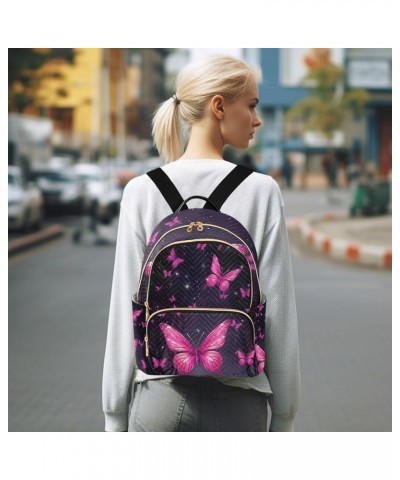 Pink Butterflies on the Black Casual Backpack, Lady Backpack, Women's Travel Backpack, S Starry Sky With Pink Butterflies-2 S...