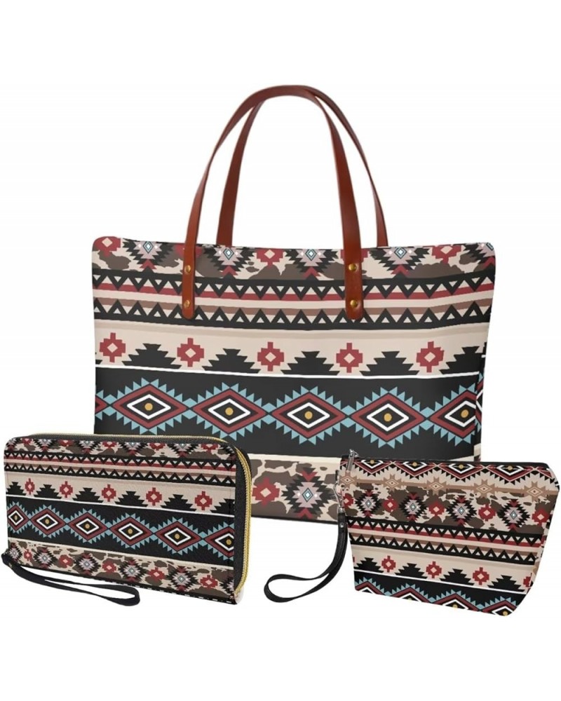 3PCS Tote Bag with Wallet, Purse and Wallet Set for Women Large Top Handle Purse Casual Satchel Handbag Aztec Pattern-black a...