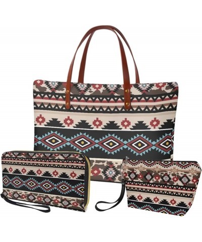 3PCS Tote Bag with Wallet, Purse and Wallet Set for Women Large Top Handle Purse Casual Satchel Handbag Aztec Pattern-black a...