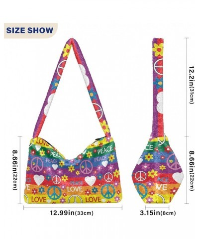 Symbols Of Hippie Furry Tote Bag for Women Crossbody Bag Tote Handbags Hobo Bag with Zipper for Travel $11.12 Totes