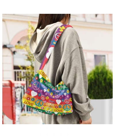 Symbols Of Hippie Furry Tote Bag for Women Crossbody Bag Tote Handbags Hobo Bag with Zipper for Travel $11.12 Totes