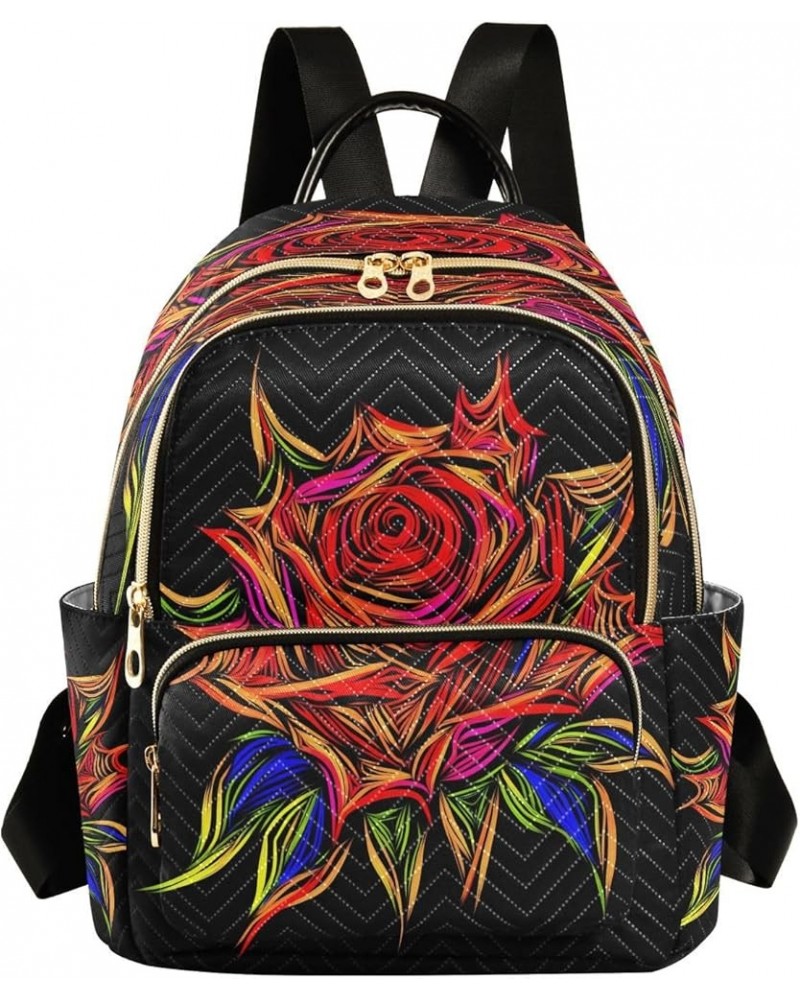 Backpack Purse for Women Valentines Day Colorful Rose, Mini Fashion Backpack Cool Black Lightweight Casual Daypack Shoulder B...