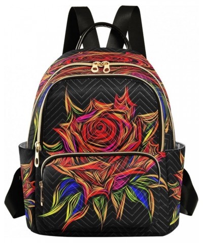 Backpack Purse for Women Valentines Day Colorful Rose, Mini Fashion Backpack Cool Black Lightweight Casual Daypack Shoulder B...