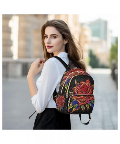 Backpack Purse for Women Valentines Day Colorful Rose, Mini Fashion Backpack Cool Black Lightweight Casual Daypack Shoulder B...