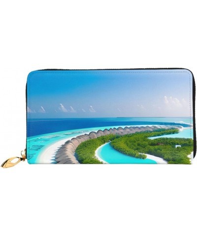 Maldives Scenery Leather Wallet,Long Clutch Purse,Soft Material,Zip Design Anti-Loss Money,12 Bank Card Slots,Lightweight,Wat...