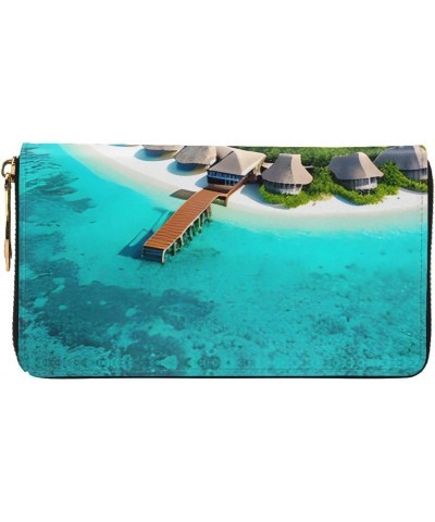 Maldives Scenery Leather Wallet,Long Clutch Purse,Soft Material,Zip Design Anti-Loss Money,12 Bank Card Slots,Lightweight,Wat...