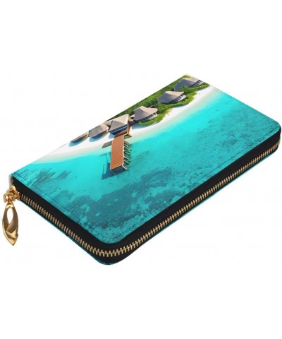 Maldives Scenery Leather Wallet,Long Clutch Purse,Soft Material,Zip Design Anti-Loss Money,12 Bank Card Slots,Lightweight,Wat...