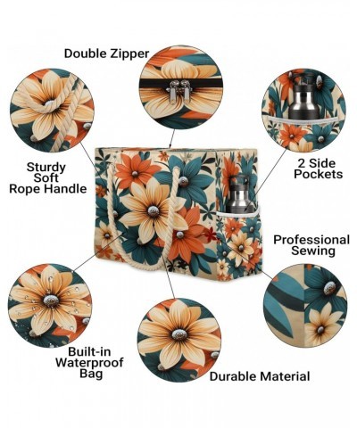 Flower Vintage Pattern Beach Bags for Women Large Tote Bag with Zipper and Pockets Waterproof Sandproof Accessories Swim Pool...