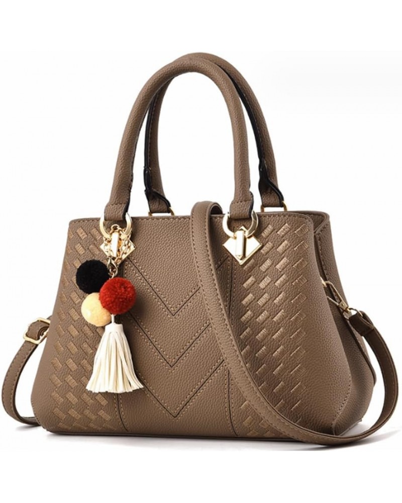 Women Top Handle Handbag Woven Pattern Satchel Purse Faux Leather Shoulder Bag with Pendant Blue Khaki $29.62 Totes