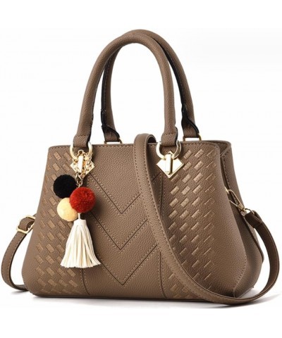 Women Top Handle Handbag Woven Pattern Satchel Purse Faux Leather Shoulder Bag with Pendant Blue Khaki $29.62 Totes