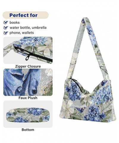 Floral Flower Furry Tote Bag for Women Crossbody Bag Shoulder Purse Handbag Hobo Purse with Zipper for Daily Use $12.38 Totes