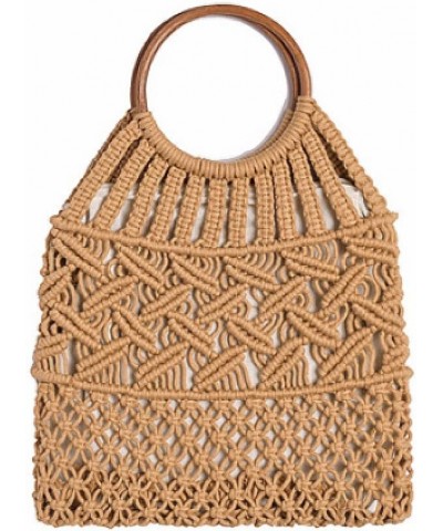 Vintage Wooden Handle Rattan Women Handbags Wicker Woven Hollow Tote Casual Summer Beach Straw Bag Brown 2 $14.30 Totes