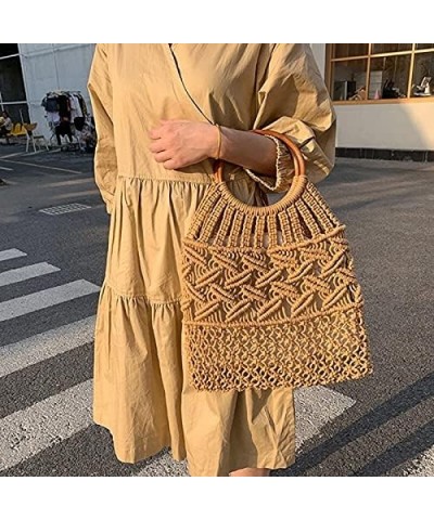 Vintage Wooden Handle Rattan Women Handbags Wicker Woven Hollow Tote Casual Summer Beach Straw Bag Brown 2 $14.30 Totes