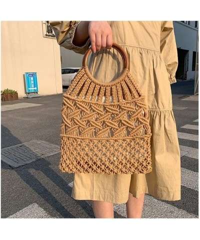 Vintage Wooden Handle Rattan Women Handbags Wicker Woven Hollow Tote Casual Summer Beach Straw Bag Brown 2 $14.30 Totes