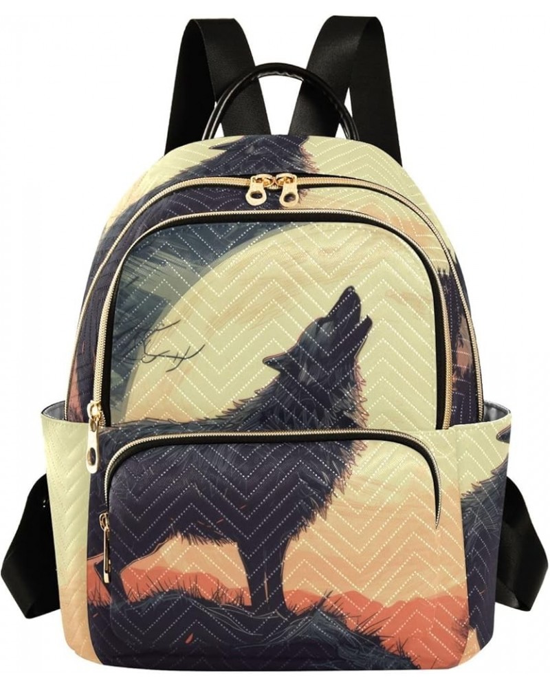 Women's Small Fashion Backpack Wolf Howls Full Moon Print Ladies Travel Daypack Aesthetic Shoulder Bag 11.4×6.1×14.1 IN $18.2...