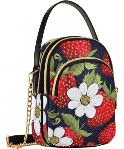 Strawberry Flowers Black Crossbody Bag for Women Cell Phone Purse Wallet with Removable Chain Shoulder Handbag for Work Passp...