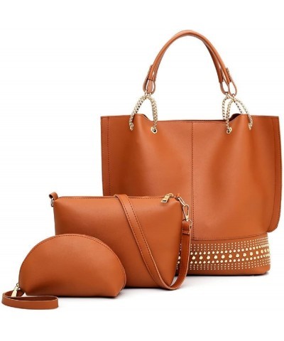 Handbags for Women Fashion Tote Bags Rivet Shoulder Bag Top Handle Satchel Purse Set 3pcs Brown $18.85 Totes