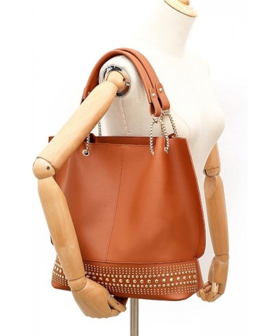 Handbags for Women Fashion Tote Bags Rivet Shoulder Bag Top Handle Satchel Purse Set 3pcs Brown $18.85 Totes