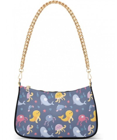 Women Chain Shoulder Purse Bag With Zipper Cute Funny Marine Animals Print, Octopus Whale Hobo Tote Clutch Handbags with Chai...