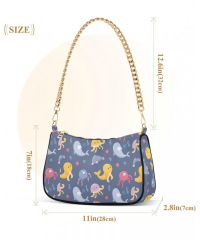 Women Chain Shoulder Purse Bag With Zipper Cute Funny Marine Animals Print, Octopus Whale Hobo Tote Clutch Handbags with Chai...