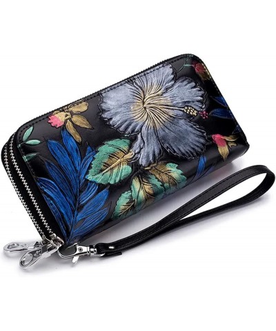 Genuine Leather Double Zipped Wallet Wristlet for Women, RFID Blocking Double Zipped Floral Hand Painted Embossed Large Capac...