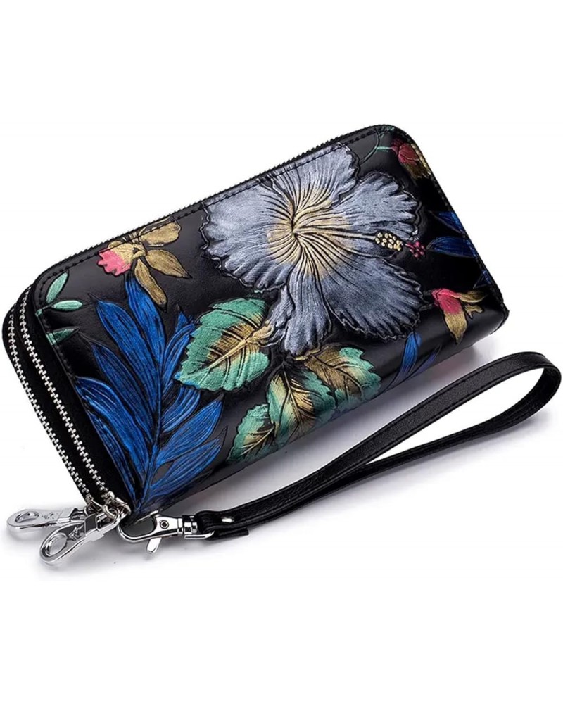 Genuine Leather Double Zipped Wallet Wristlet for Women, RFID Blocking Double Zipped Floral Hand Painted Embossed Large Capac...