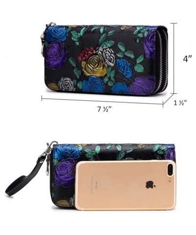 Genuine Leather Double Zipped Wallet Wristlet for Women, RFID Blocking Double Zipped Floral Hand Painted Embossed Large Capac...