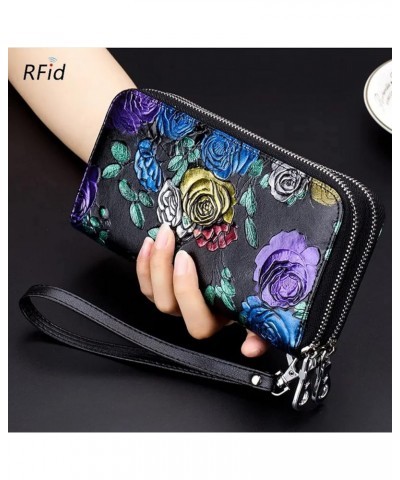 Genuine Leather Double Zipped Wallet Wristlet for Women, RFID Blocking Double Zipped Floral Hand Painted Embossed Large Capac...